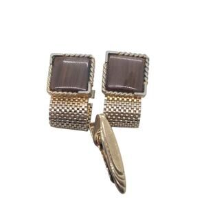 Vintage Cufflinks 1950 Mesh Wrap Gold Plated Lucite Faux Wood Tie Bar Cuff Links